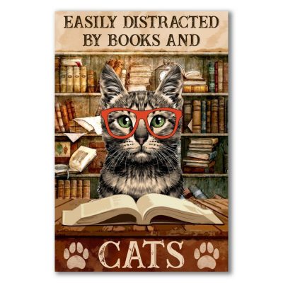 Funny Cat Wall Art Canvas Easily Distracted By Books And Cats