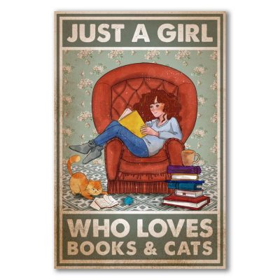 Love Reading Books Wall Art Canvas Just A Girl Who Loves Books & Cats Vintage Canvas
