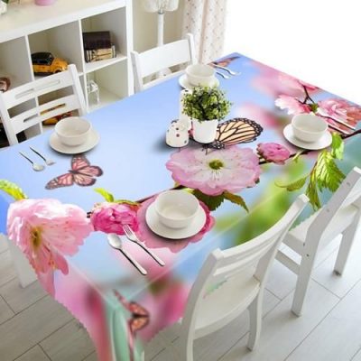 3D Pink Flower And Butterfly Pattern Waterproof Stunning Tablecloth Table Decor Home Decor