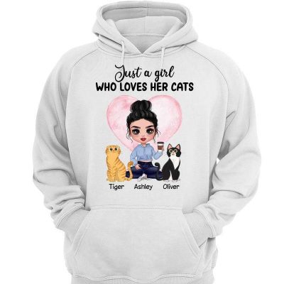 Girl Loves Her Cats Doll Girl & Sitting Cat Personalized Hoodie Sweatshirt