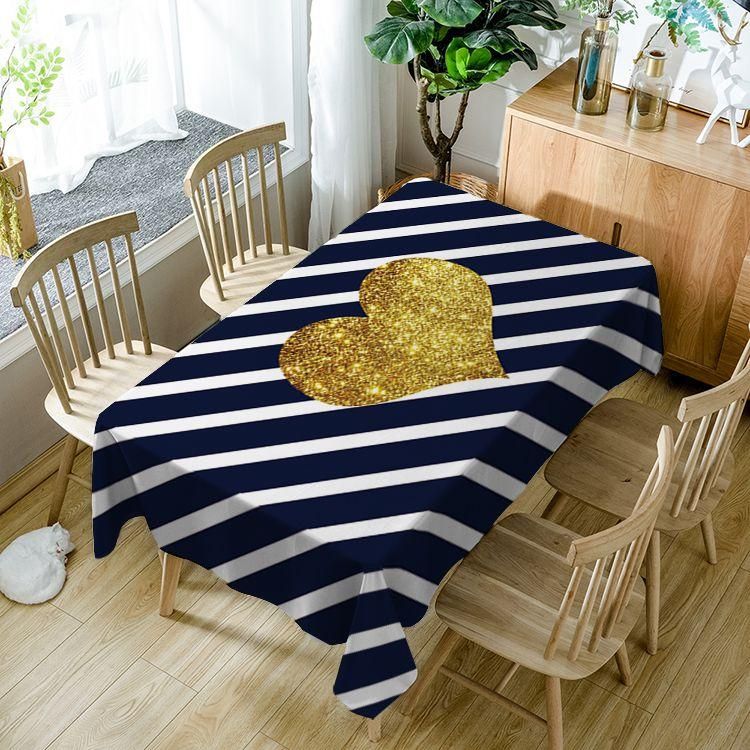 Golden Heart Shaped Black White Slanted Stripe Fabtic Rectangle Tablecloth Table Decor Home Decor