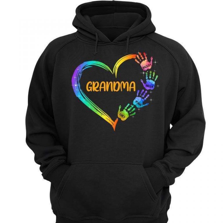 Grandma Mom Heart Hand Print Personalized Hoodie Sweatshirt