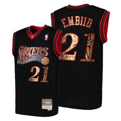 Men 76ers Joel Embiid #21 Real Python Skin Black Jersey 2021 Exclusive Edition
