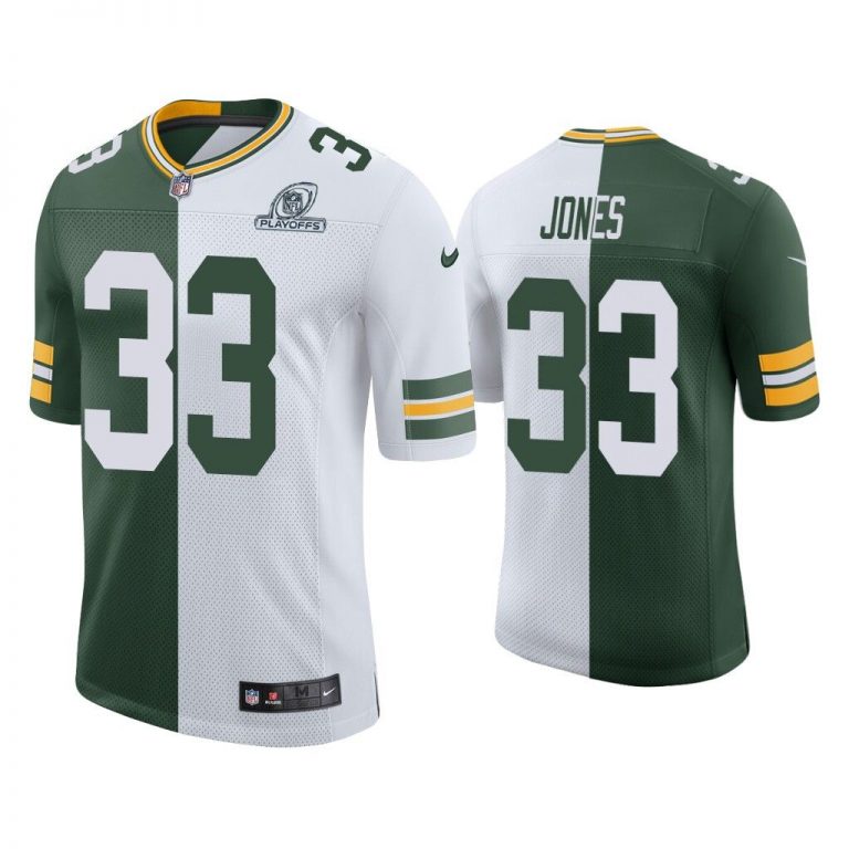 Men Aaron Jones Green Bay Packers Green White 2020 NFL Playoffs Split Jersey