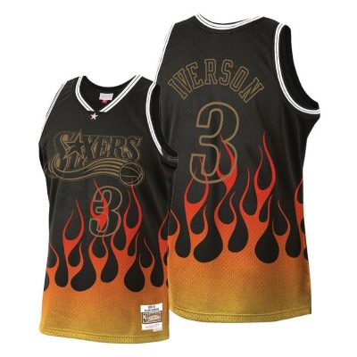 Men Allen Iverson #3 76Ers Flames Black Jersey