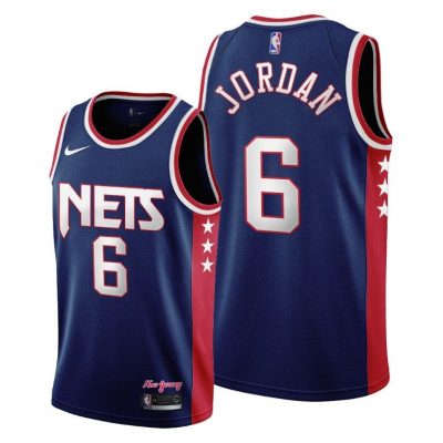 Men Brooklyn Nets #6 DeAndre Jordan Navy 2021-22 City Edition Jersey Throwback 90s Wordmark