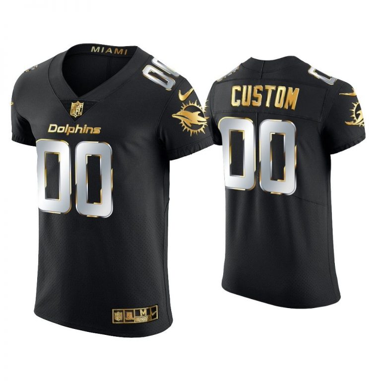 Men Custom Miami Dolphins Black Golden Edition Elite Jersey