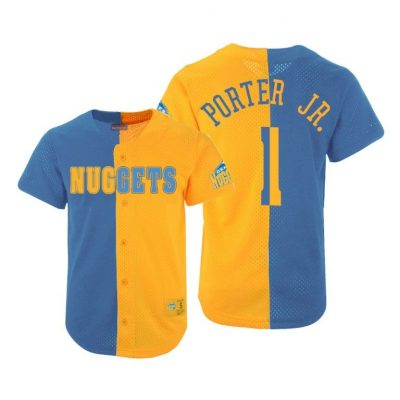 Men Denver Nuggets Blue Gold Michael Porter Jr. #1 Split Mesh Button Jersey Men