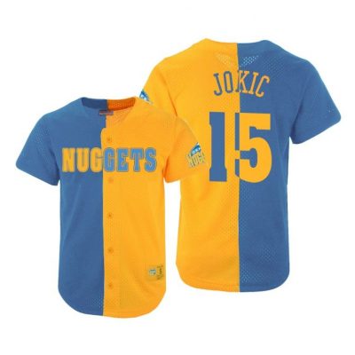 Men Denver Nuggets Blue Gold Nikola Jokic #15 Split Mesh Button Jersey Men
