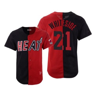 Men Hassan Whiteside Miami Heat #21 Heat Black Red Split Mesh Button Jersey