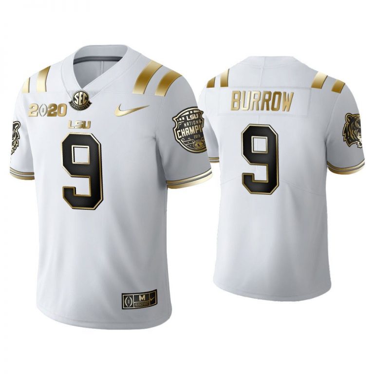 Men Joe Burrow LSU Tigers White Golden Edition 2020 National Champions Jersey