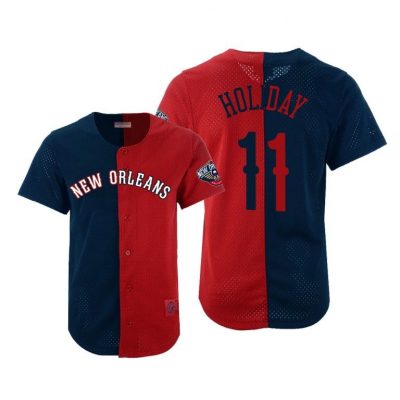 Men Jrue Holiday New Orleans Pelicans #11 Pelicans Navy Red Split Mesh Button Jersey