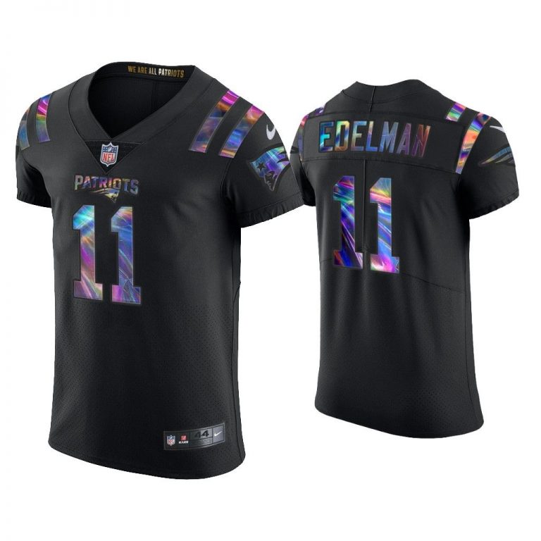 Men Julian Edelman New England Patriots Black Golden Edition Holographic Jersey