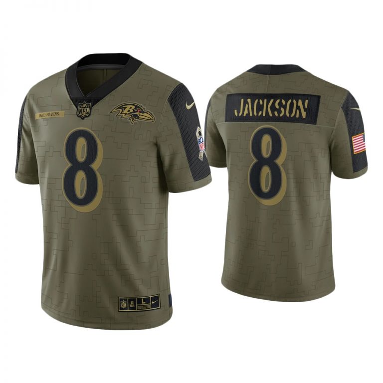 Men Lamar Jackson Baltimore Ravens Olive 2021 Salute To Service Limited Jersey