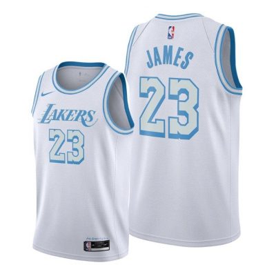 Men Los Angeles Lakers #23 LeBron James White 2020-21 City Edition Jersey New Blue Silver