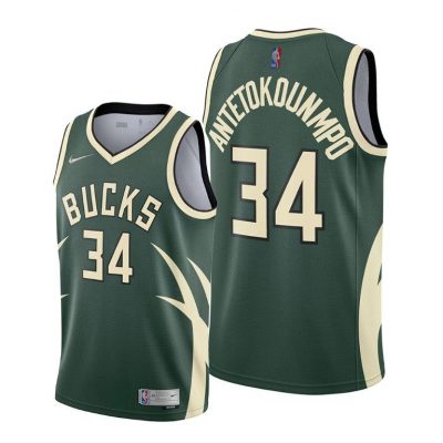 Men Milwaukee Bucks #34 Giannis Antetokounmpo Green 2020-21 Earned Edition Jersey