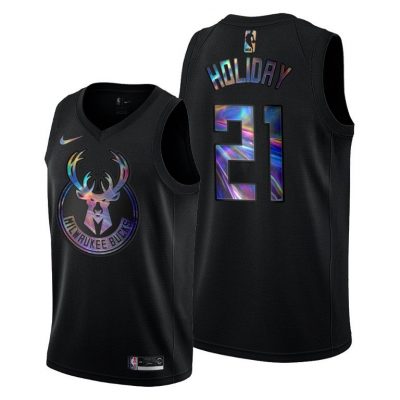 Men Milwaukee Bucks Jrue Holiday Iridescent Holographic Black Limited Edition Jersey