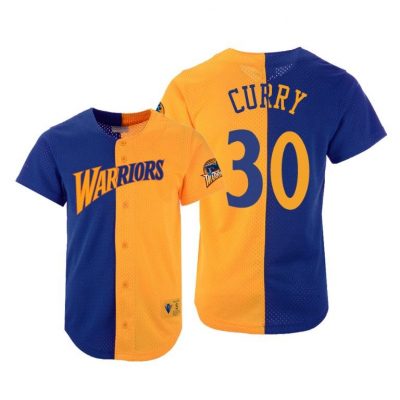 Men Stephen Curry Golden State Warriors #30 Warriors Royal Gold Split Mesh Button Jersey