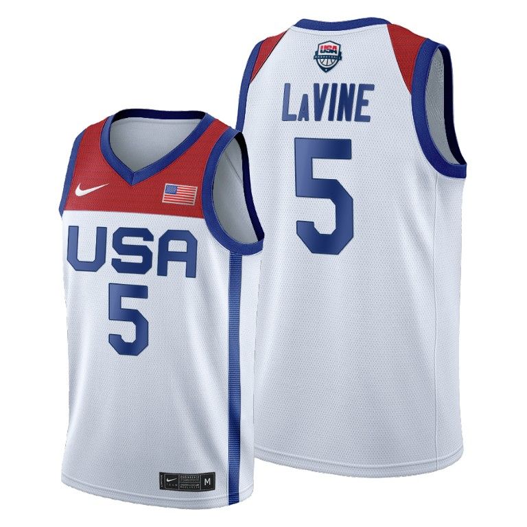 Men USA Basketball #5 Zach LaVine Tokyo Olympics 2021 White Jersey Home