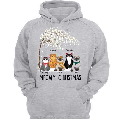 Meowy Christmas Cat Under Tree Personalized Hoodie Sweatshirt