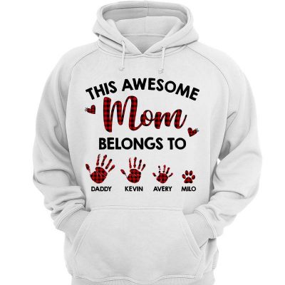 Mom Belongs To Kids and Pet Red Plaid Personalized Hoodie Sweatshirt