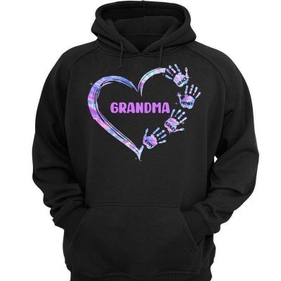 Mom Grandma Colorful Heart Hand Print Personalized Hoodie Sweatshirt
