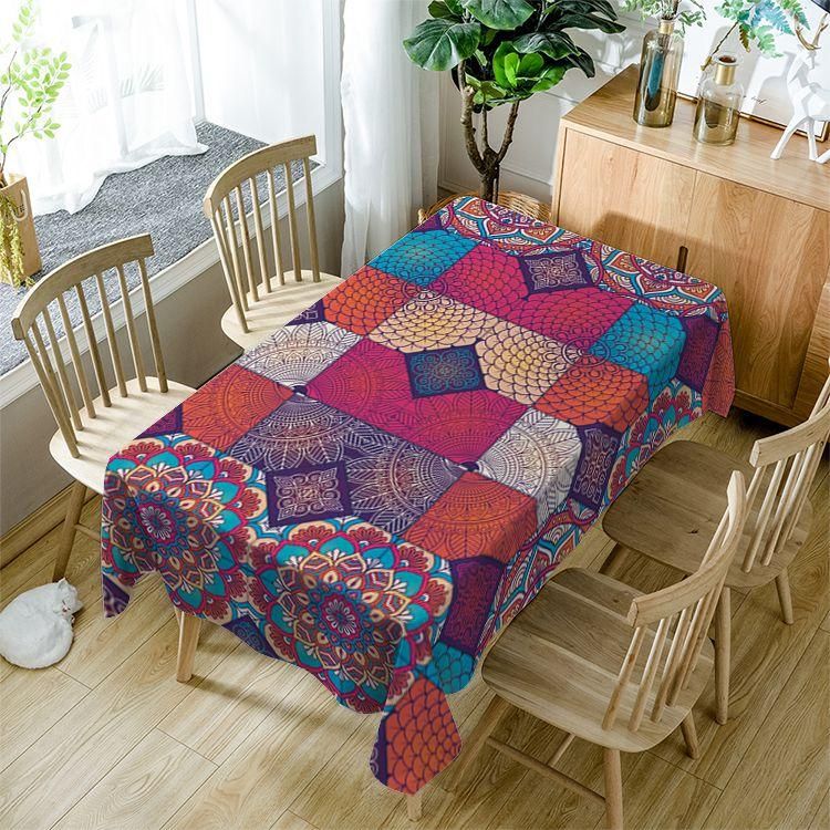 Moroccan Azulejo Mandala Swrils Fabtic Rectangle Tablecloth Table Decor Home Decor