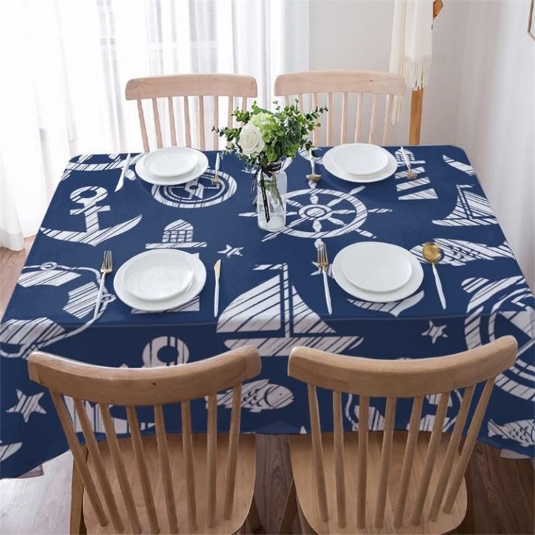 Navy Blue Anchor Fish Lighthouse Boat Marine Print Nautical Style Rectangle Tablecloth Table Decor Home Decor