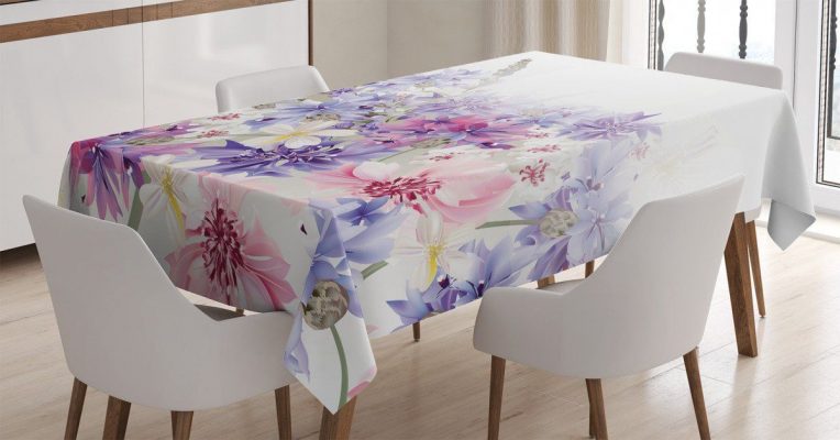 Pink Purple Flowers White Printed Tablecloth Home Decor