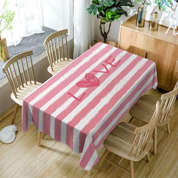 Pink Stripe Love Valentine Romantic Girl Fabtic Rectangle Tablecloth Table Decor Home Decor