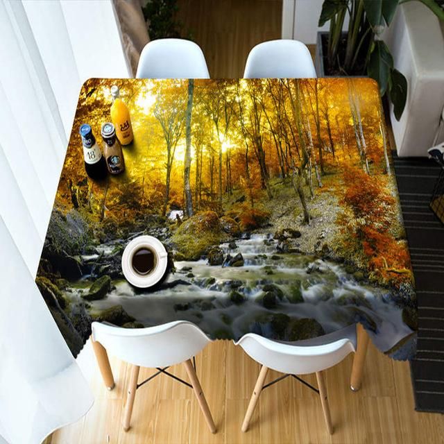 Rectangular 3D Tablecloth Autumn Forest And Waterfall Scenery Pattern Table Decor Home Decor