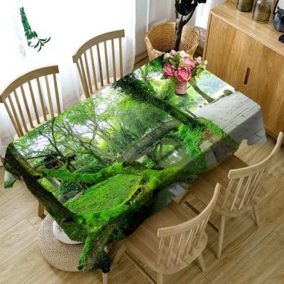 Rectangular 3D Tablecloth Bridge Green Forest Sunlight Scenery Pattern Table Decor Home Decor