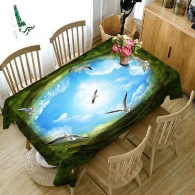 Rectangular 3D Tablecloth Green Forest Blue Sky Birds Pattern Table Decor Home Decor