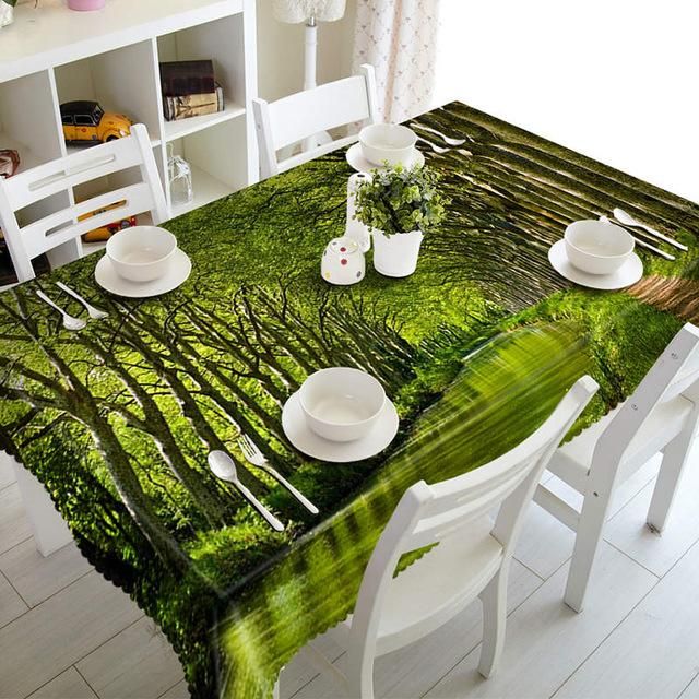 Rectangular 3D Tablecloth Green Forest Sunlight And River Scenery Pattern Table Decor Home Decor