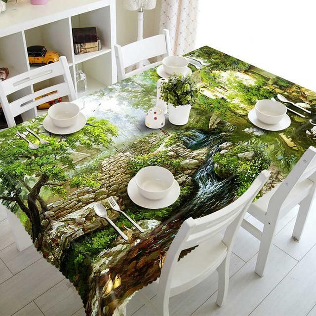 Rectangular 3D Tablecloth Green Forest Sunlight And Small Stream Scenery Pattern Table Decor Home Decor