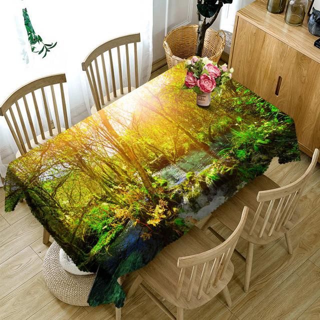 Rectangular 3D Tablecloth Green Forest Sunlight And Stream Scenery Pattern Table Decor Home Decor