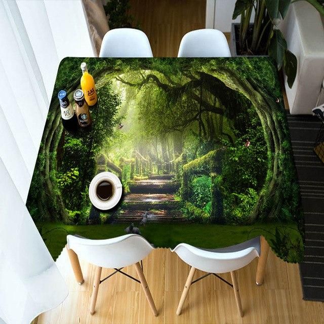 Rectangular 3D Tablecloth Green Forest Sunlight And Wooden Path Scenery Pattern Table Decor Home Decor