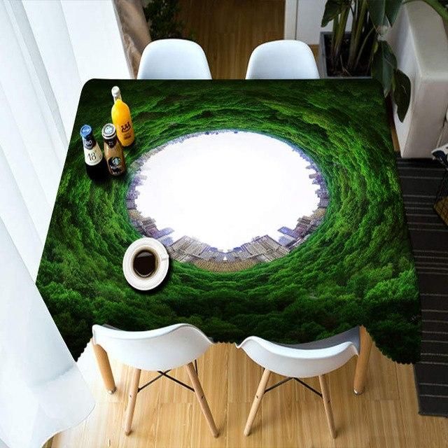 Rectangular 3D Tablecloth Green Forest Sunlight Scenery And Building Above Pattern Table Decor Home Decor