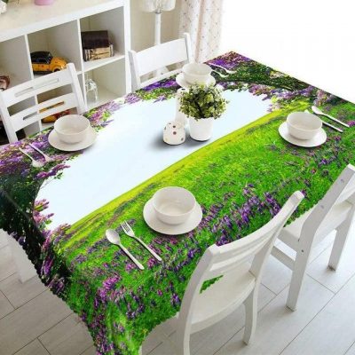 Rectangular 3D Tablecloth Purple Flowers And Green Grassland Scenery Pattern Table Decor Home Decor