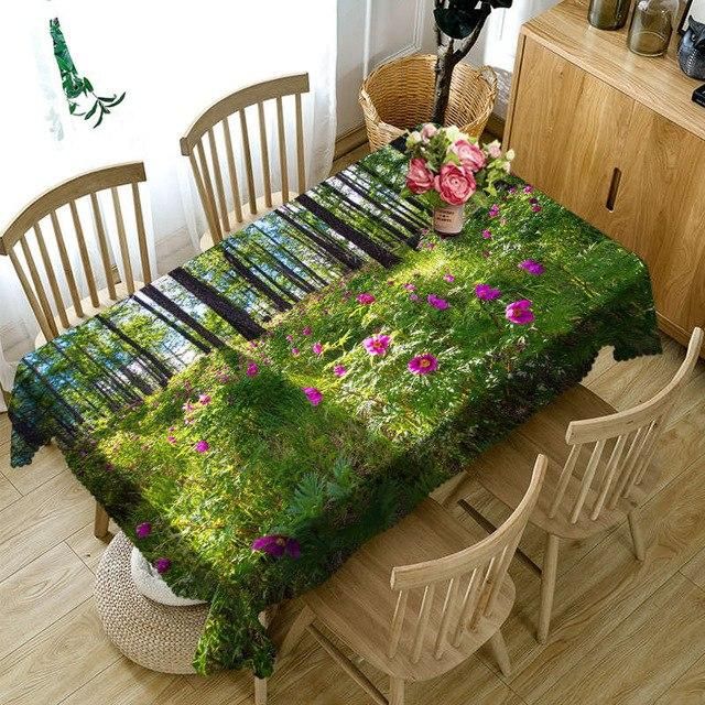 Rectangular 3D Tablecloth Purple Flowers Green Forest Sunlight Scenery Pattern Table Decor Home Decor
