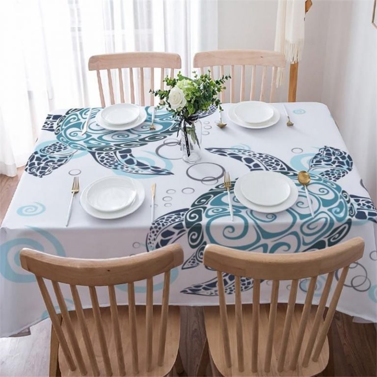 White Backdrop Line Drawing Ocean Creature Blue Sea Turtle Rectangle Tablecloth Table Decor Home Decor