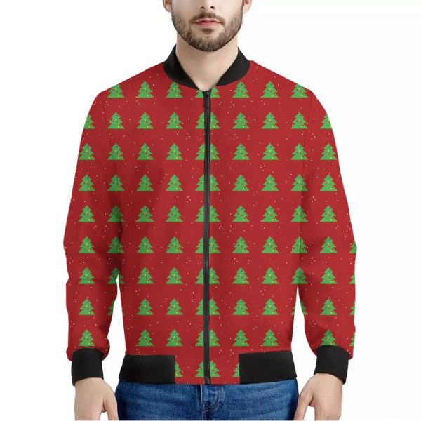 8-Bit Pixel Christmas Tree Pattern Print Bomber Jacket