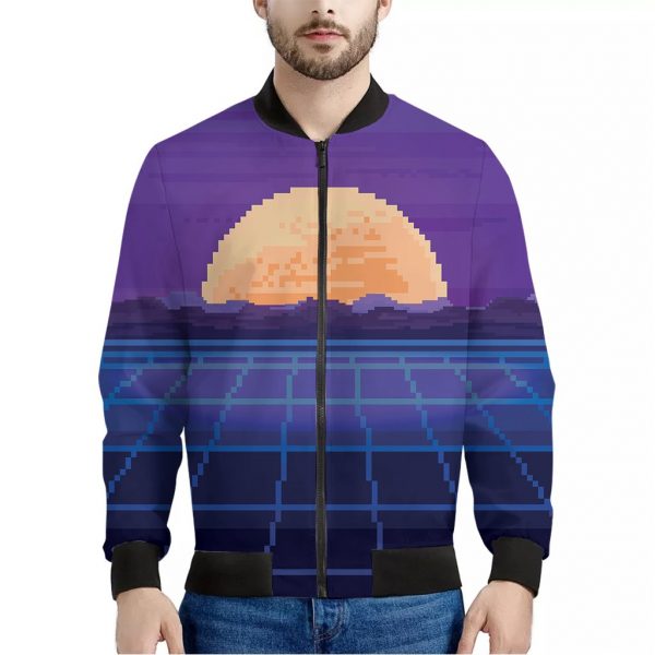 8-Bit Pixel Digital Landscape Print Bomber Jacket