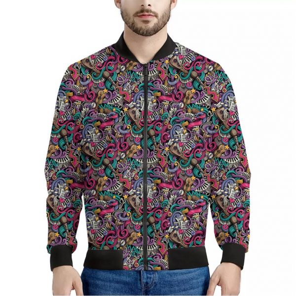 Abstract Music Pattern Print Bomber Jacket
