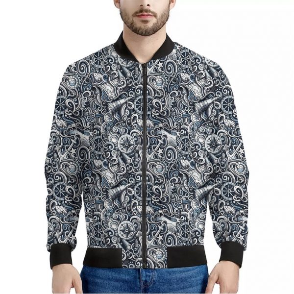 Abstract Nautical Anchor Pattern Print Bomber Jacket