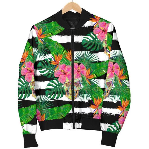 Aloha Skull Striped Pattern Print Bomber Jacket
