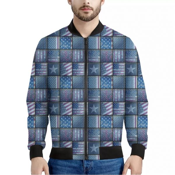American Denim Patchwork Pattern Print Bomber Jacket