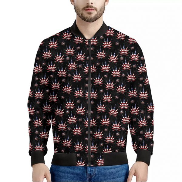 American Marijuana Leaf Pattern Print Bomber Jacket