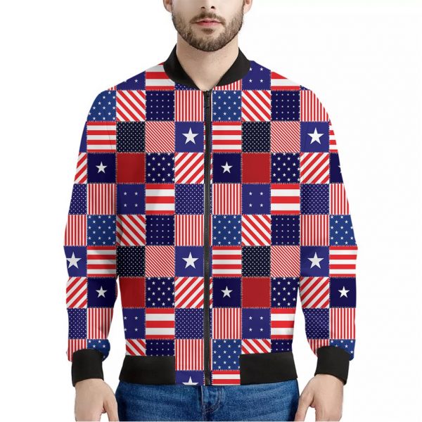 American Patriotic Patchwork Print Bomber Jacket