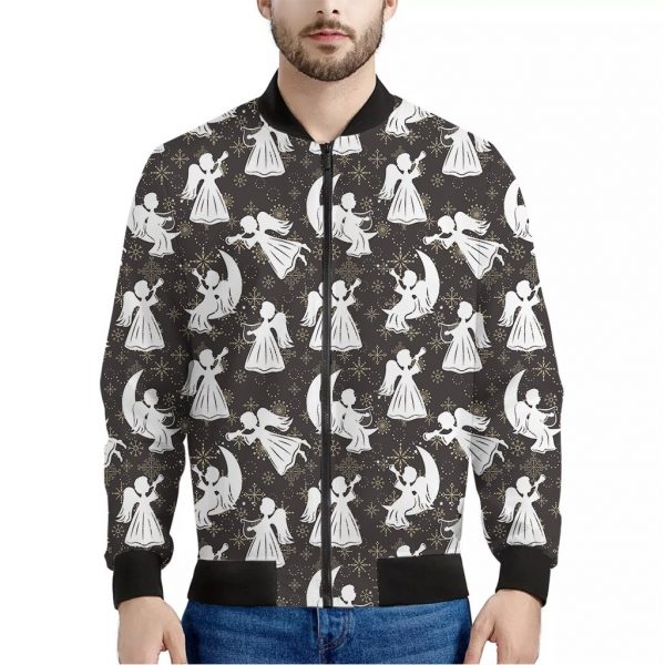 Angel And Snowflake Pattern Print Bomber Jacket